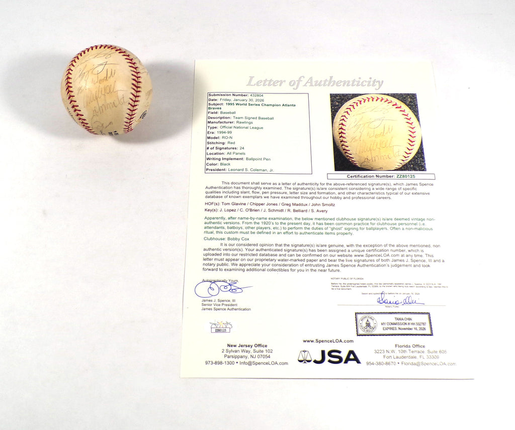 1995 Braves WS Champs Signed ONL Baseball Braves 24 JSA Autos Glavine Maddux++