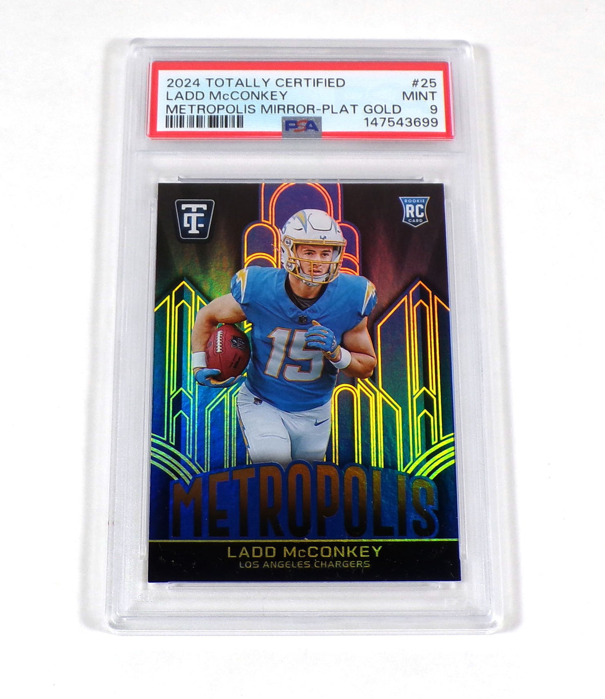 2024 Panini Totally Certified Ladd McConkey Rookie Platinum Gold /10 PSA 9