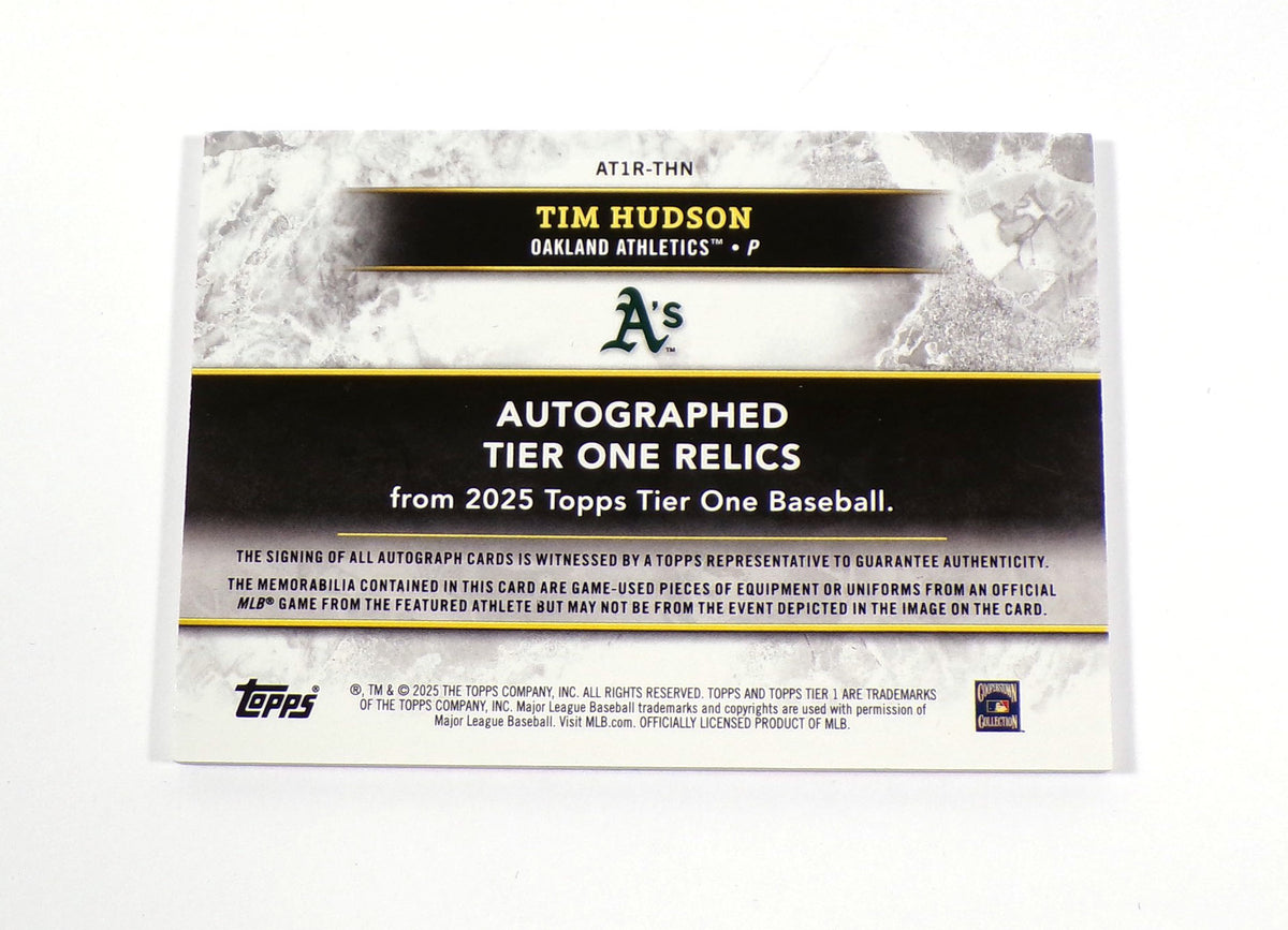 2025 Topps Tier One Relic Tim Hudson Red Dual 3 Color Patch 09/10 A's Auto Pic2