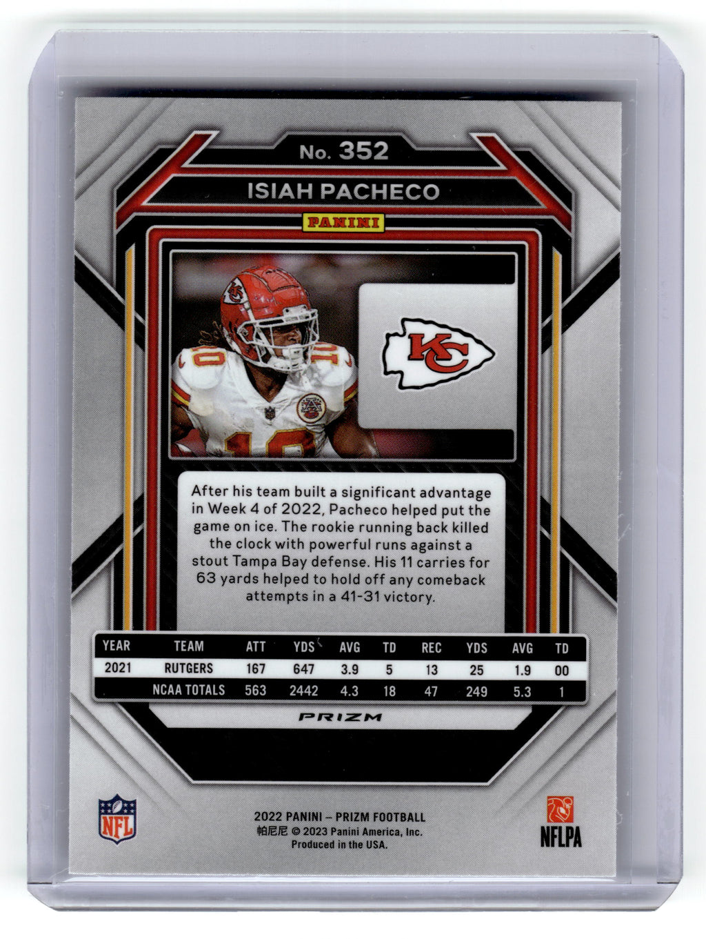 2022 Panini Prizm Isiah Pacheco Rookie Silver Prizm #352 Chiefs Pic2
