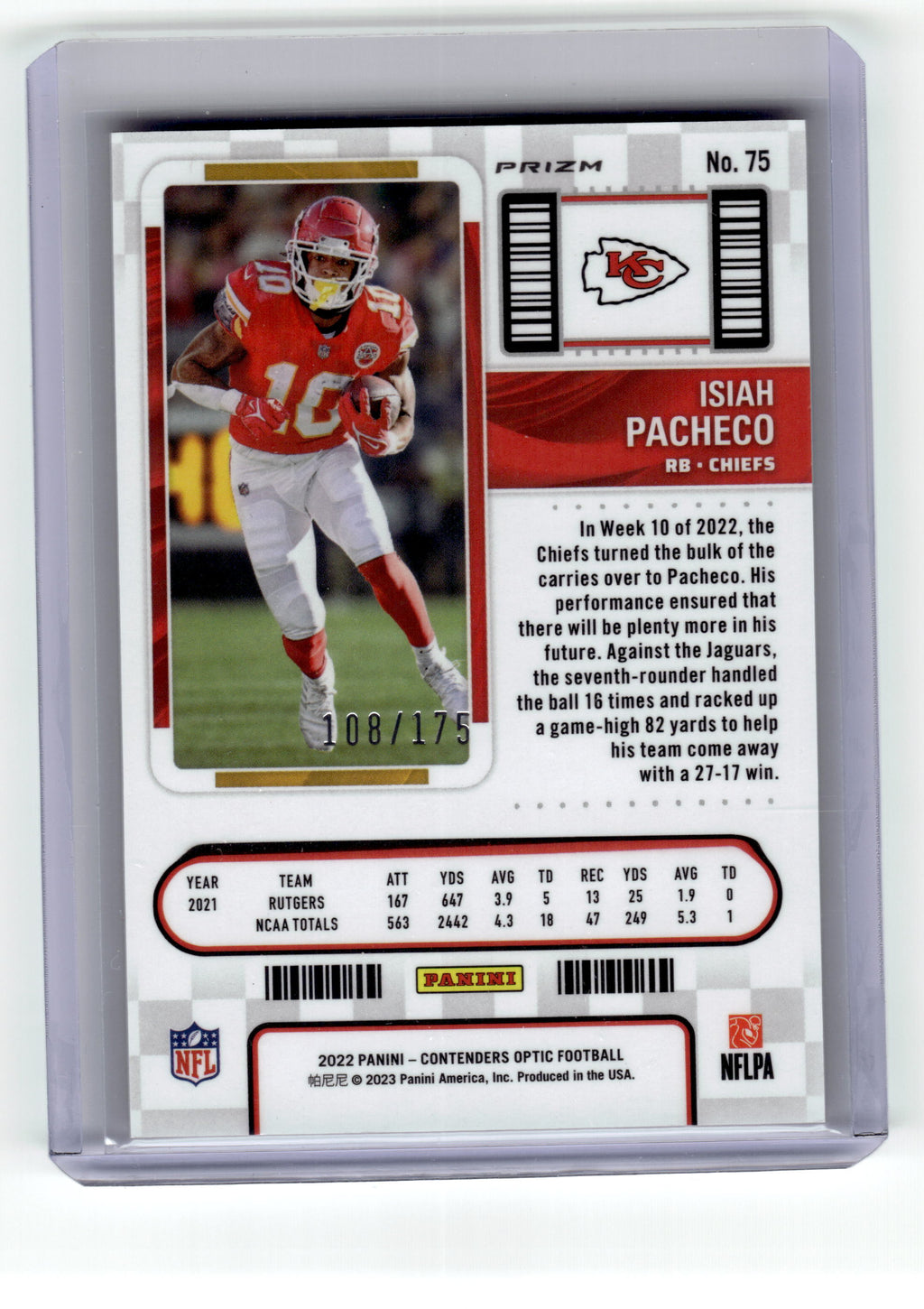 2022 Panini Contenders Optic Isiah Pacheco Rookie Red Ticket #75 /175 Chiefs Pic2