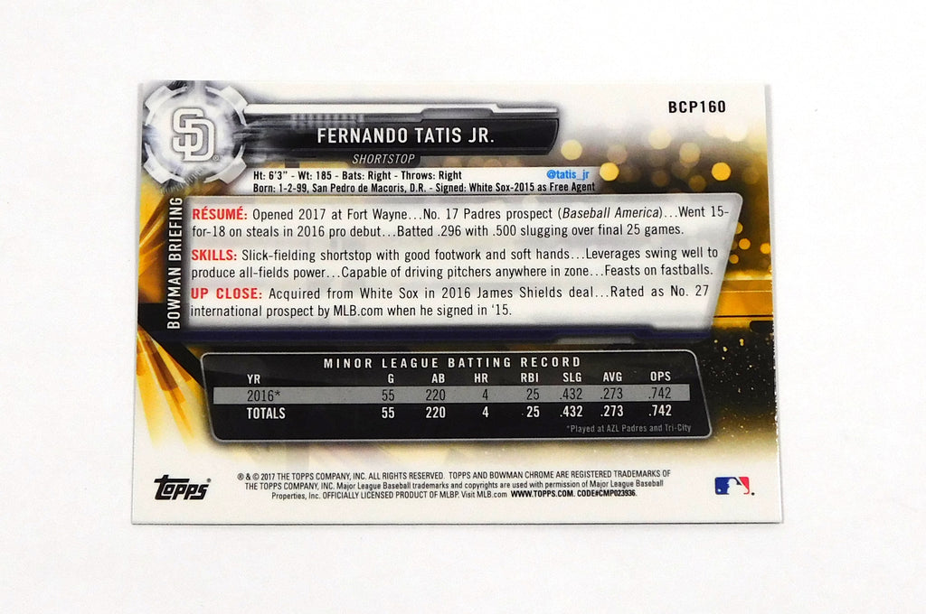 2017 Bowman Chrome Prospects Fernando Tatis Jr. #BCP160 Padres Pic2