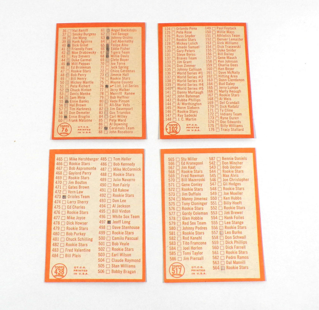 Lot of (4) Different 1964 Topps Baseball Checklists Marked Pic2