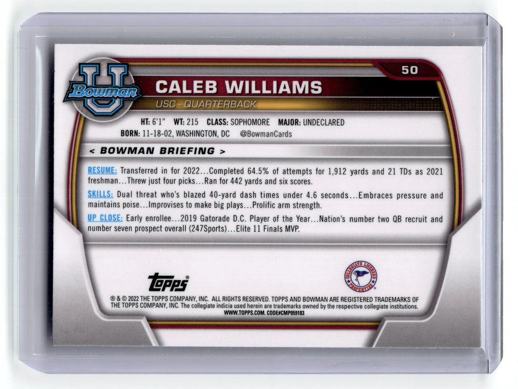 2022 Bowman Chrome University Caleb Williams Rookie #50 Bears Pic2