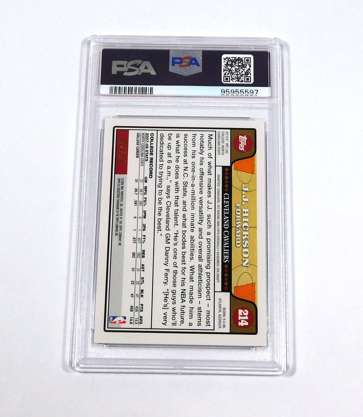2008-09 Topps Black J.J. Hickson #214 /51 Cavaliers PSA 7 Pic2