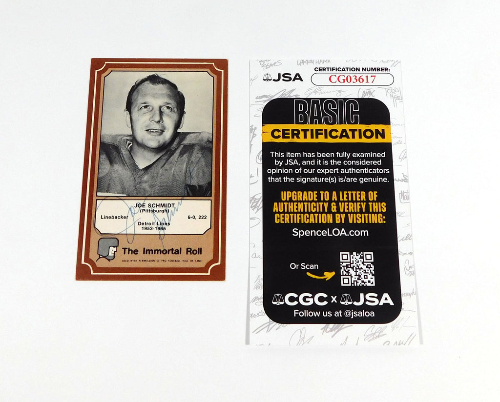 Joe Schmidt Signed 1975 Fleer Hall of Fame Immortal Role FB Card #79 JSA Auto