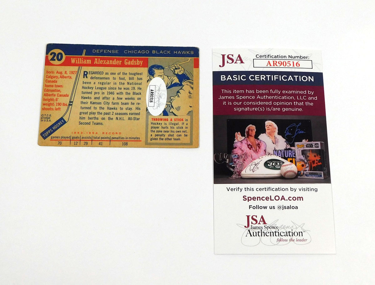 Bill Gadsby Signed 1954-55 Topps Hockey Card #20 Black Hawks JSA Auto Pic2