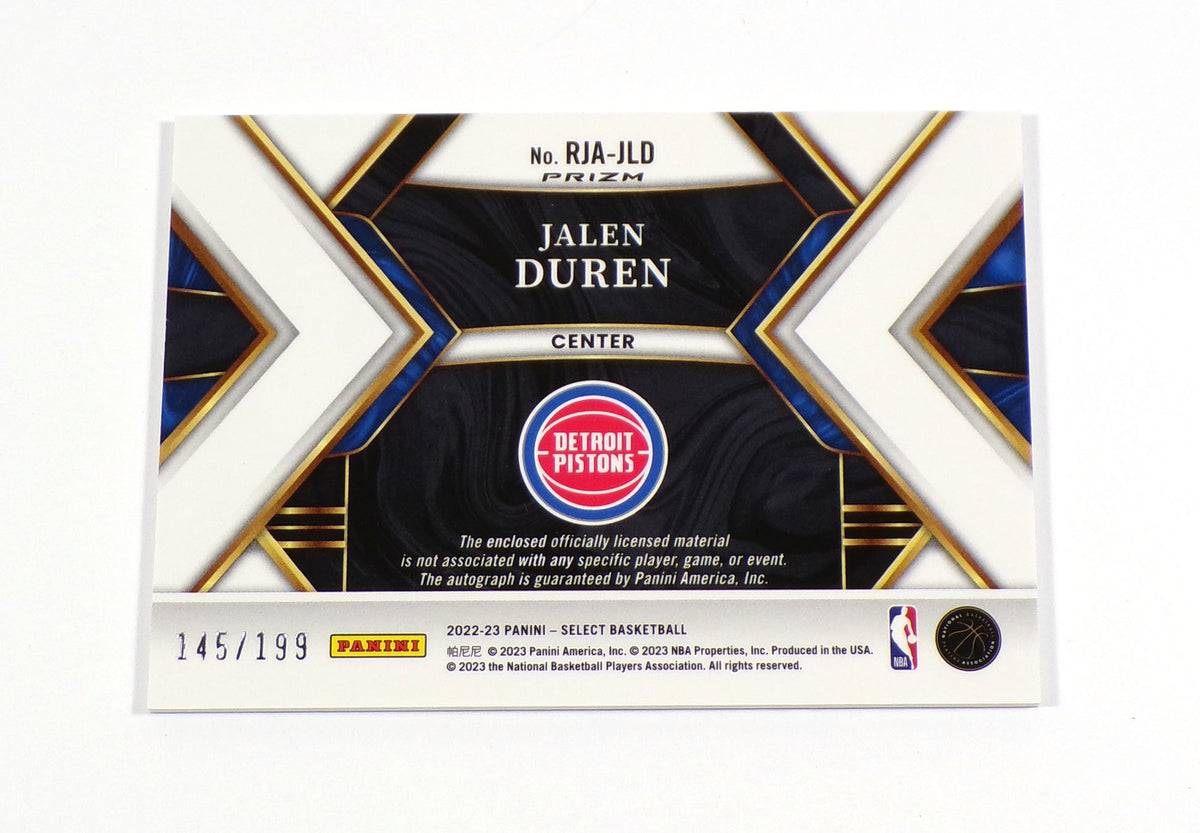 2022-23 Panini Select Jalen Duren Rookie Prizm #RJAJLD Pistons /199 Jersey Auto Pic2