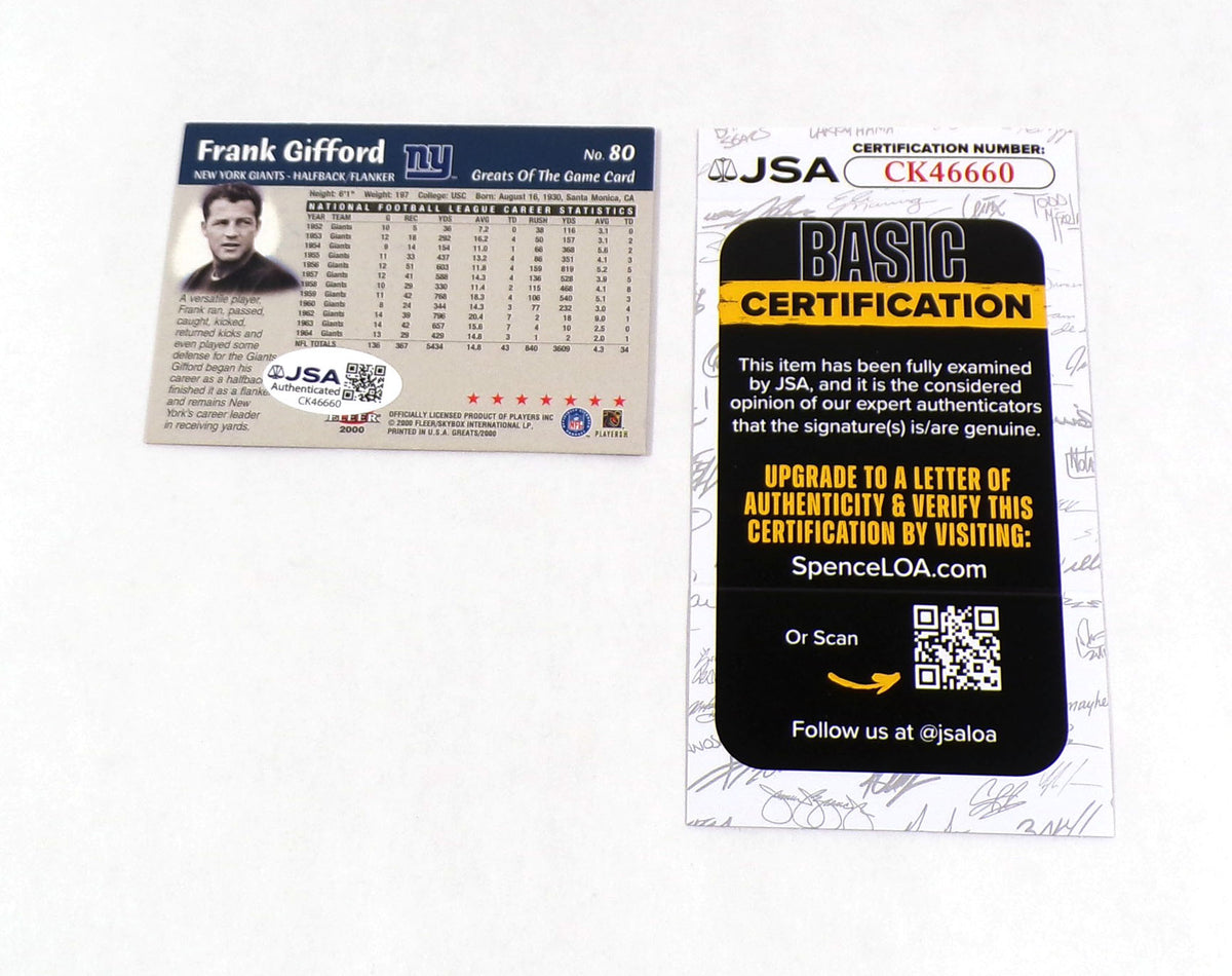 Frank Gifford Signed 2000 Fleer Greats of the Game Card #80 Giants JSA Auto Pic2