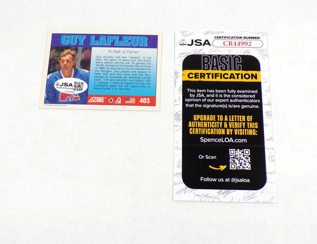 Guy Lafleur Signed 1991-92 Score Hockey Card #403 Nordiques JSA Auto Pic2