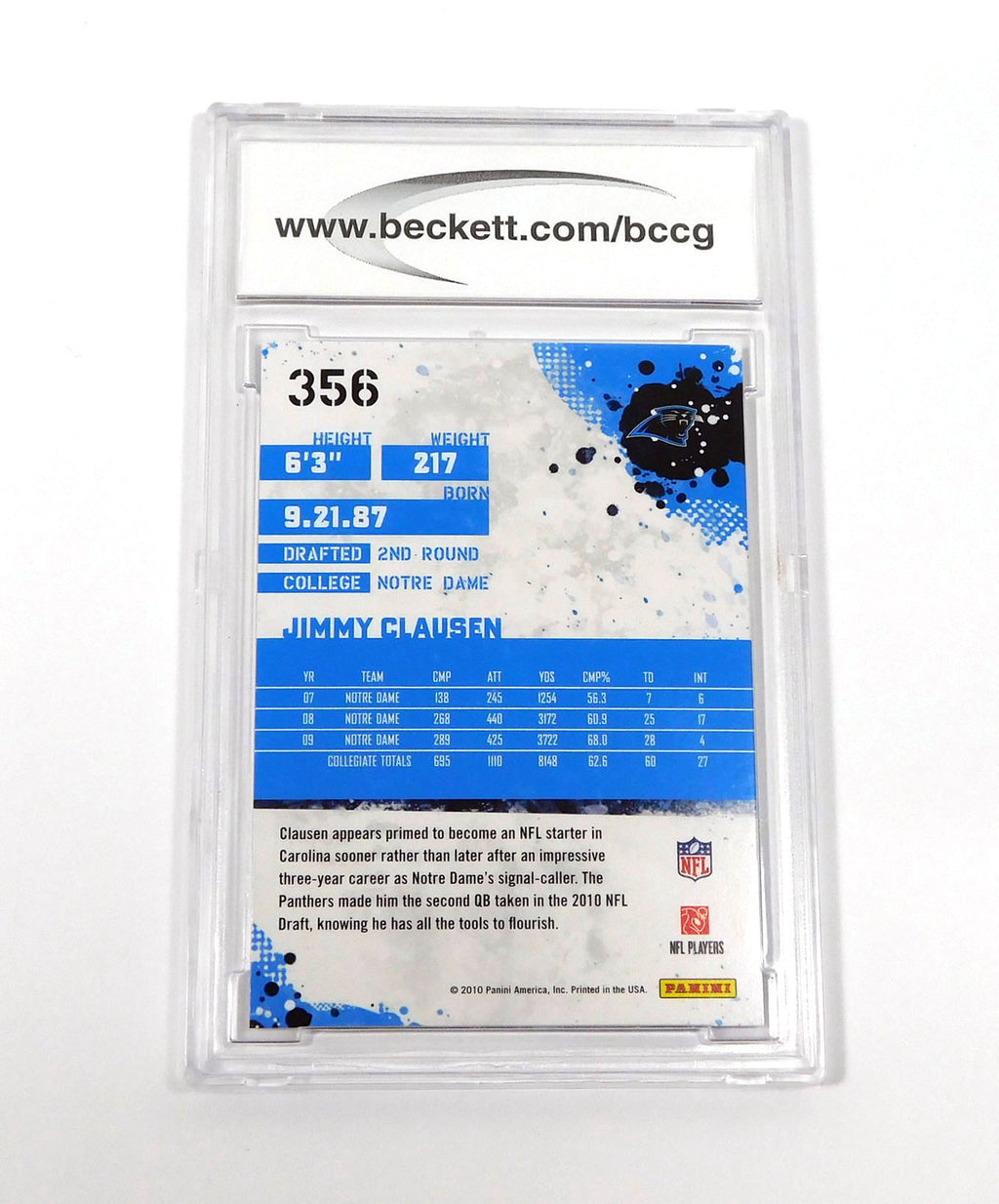 2010 Score Jimmy Clausen Rookie #356 Panthers BCCG 10 Pic2