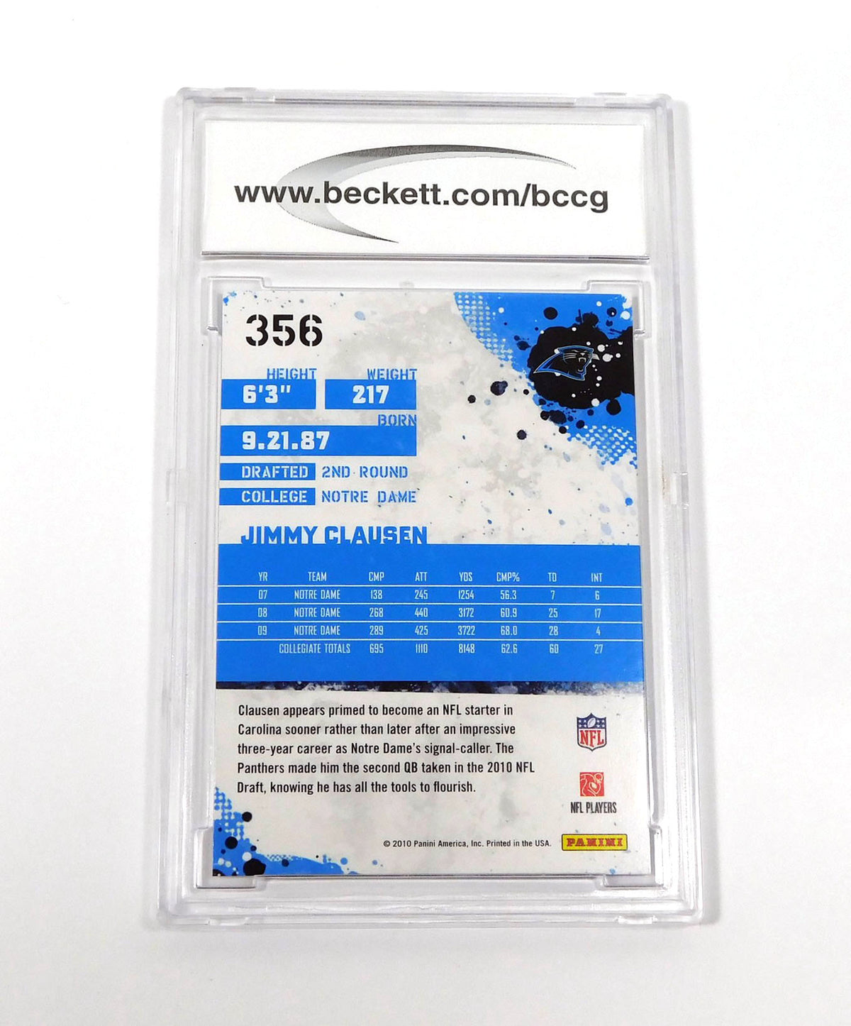 2010 Score Jimmy Clausen Rookie #356 Panthers BCCG 10 Pic2