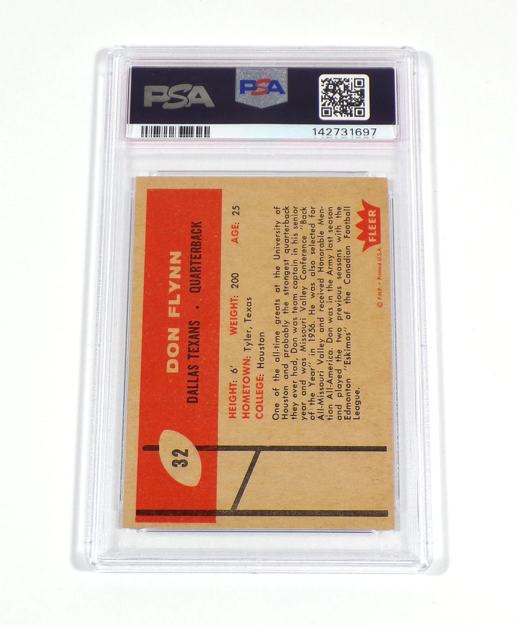 Don Flynn Signed 1960 Fleer Football Card Rookie #32 Texans PSA/DNA Auto Pic2