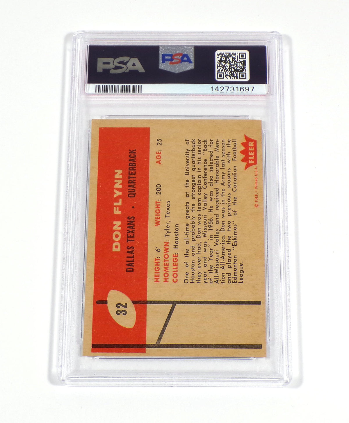 Don Flynn Signed 1960 Fleer Football Card Rookie #32 Texans PSA/DNA Auto Pic2