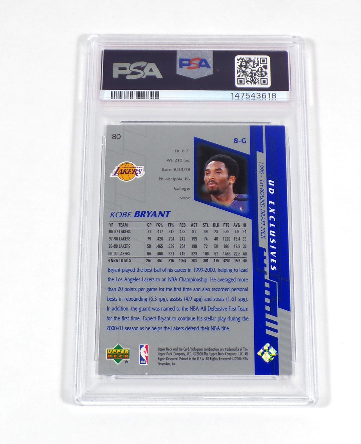 2000-01 Upper Deck Kobe Bryant Exclusives Silver #80 /500 Lakers PSA 8 Pic2
