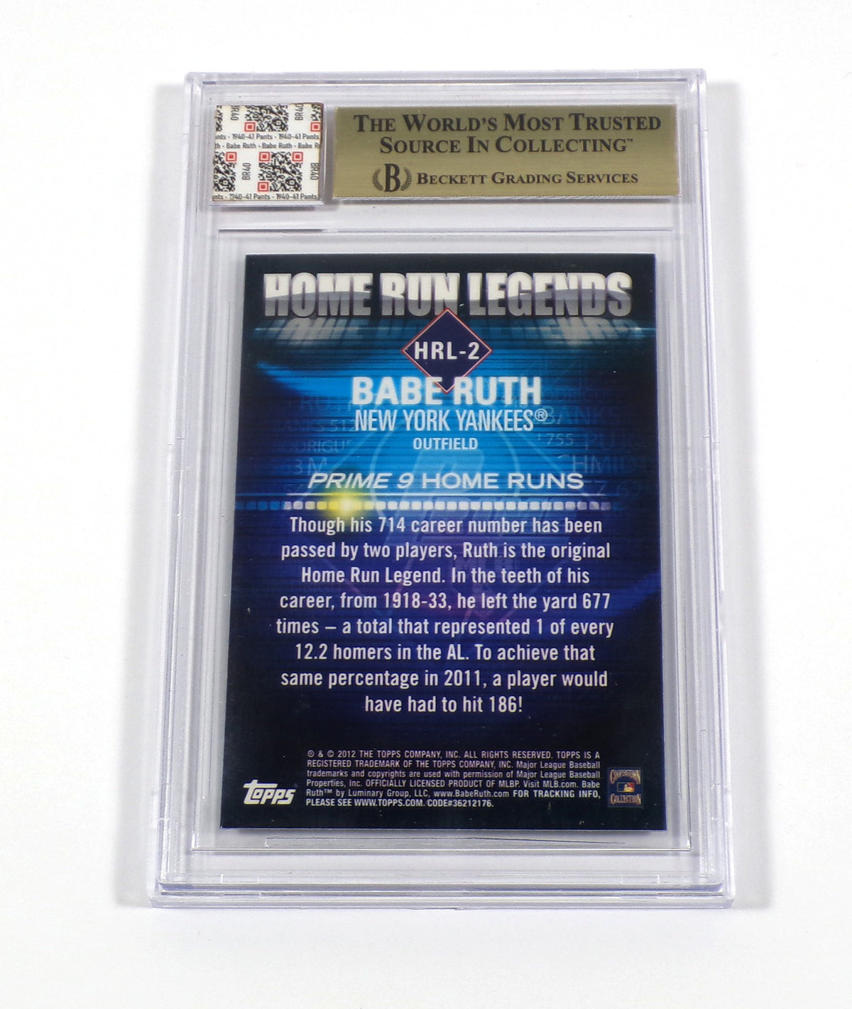 2012 Topps Prime 9 Babe Ruth #HRL2 HR Legends 1940-41 Worn Pants Yankees BGS 9.5 Pic2