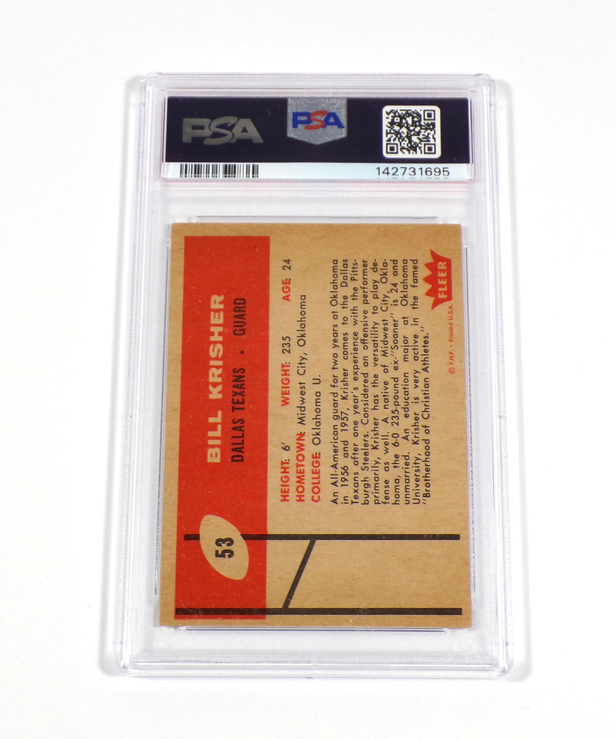 Bill Krisher Signed 1960 Fleer Football Card #53 Texans PSA/DNA Auto Pic2