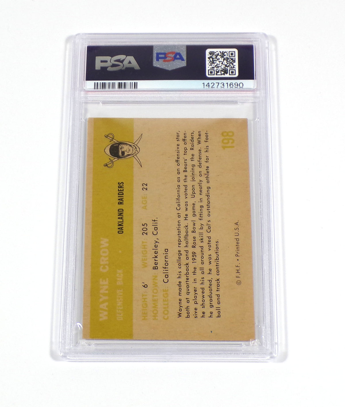 Wayne Crow Signed 1961 Fleer Football Card #198 Raiders PSA/DNA Auto 690 Pic2