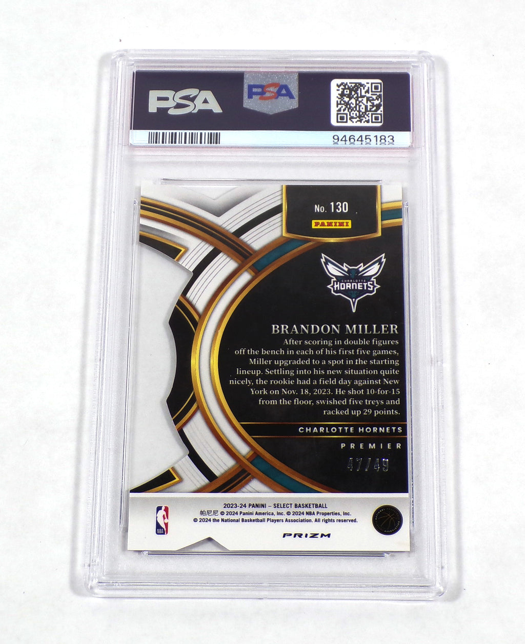 2023-24 Select Brandon Miller Rookie Bronze Checker Die-Cut Prizm #130 /49 PSA 9 Pic2