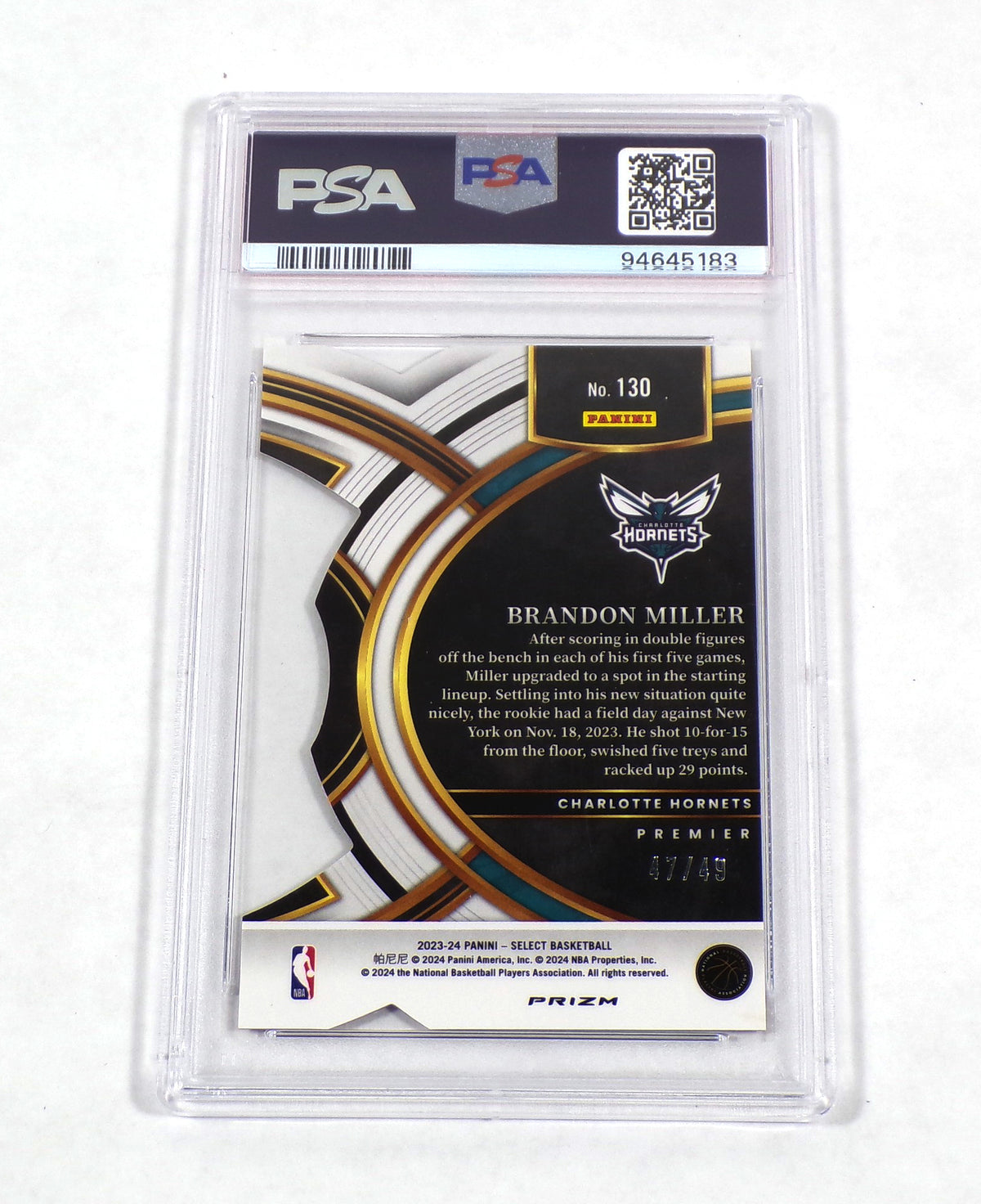 2023-24 Select Brandon Miller Rookie Bronze Checker Die-Cut Prizm #130 /49 PSA 9 Pic2