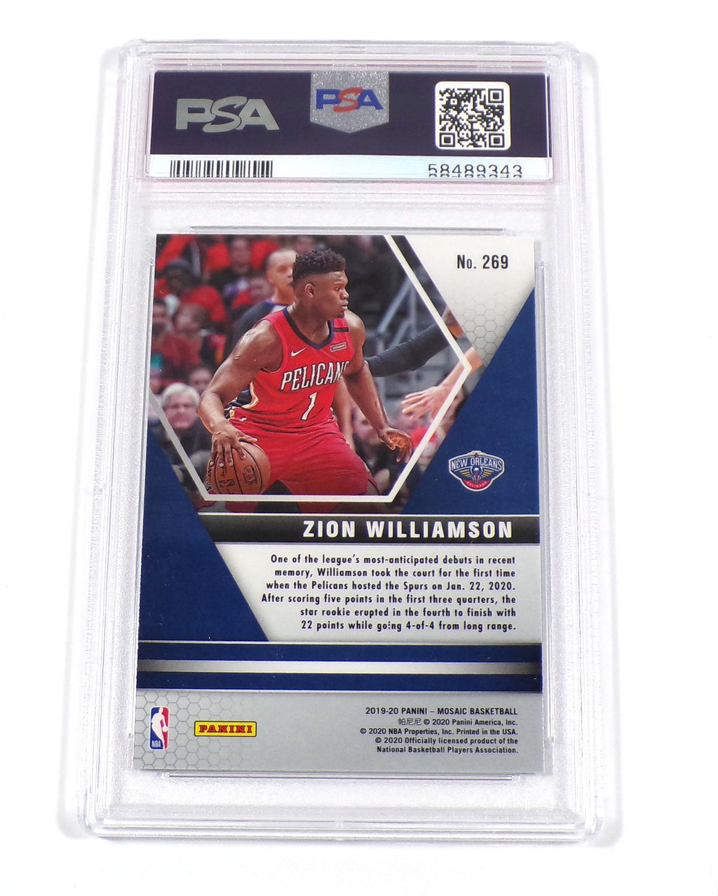 2019-20 Panini Mosaic Zion Williamson Rookie #269 Pelicans PSA 10 Pic2