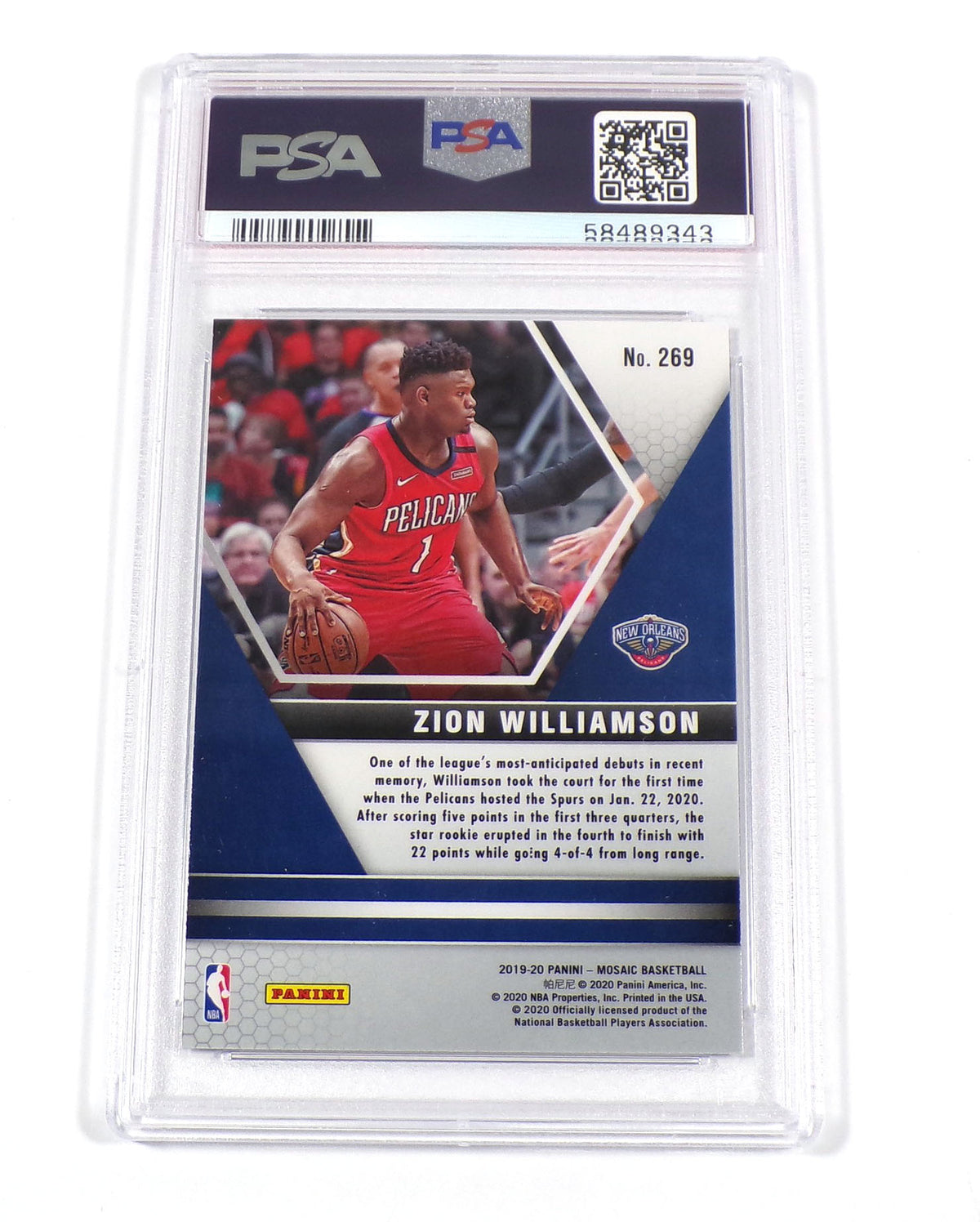 2019-20 Panini Mosaic Zion Williamson Rookie #269 Pelicans PSA 10 Pic2