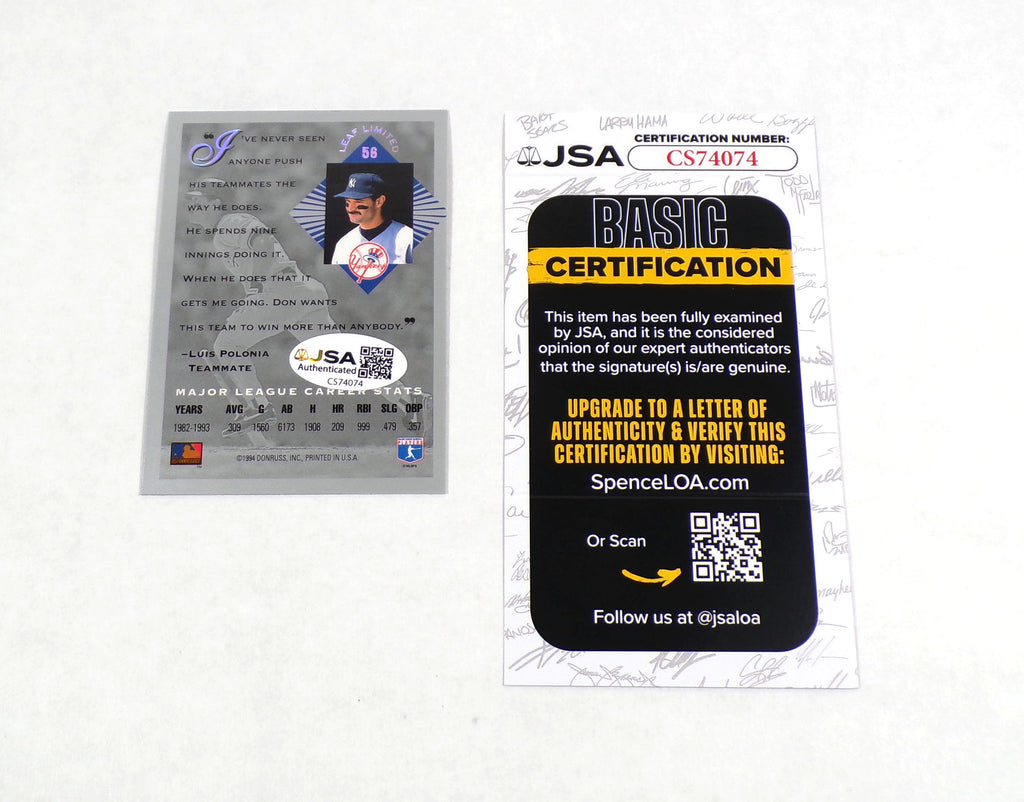 Don Mattingly Signed 1994 Leaf Limited Baseball Card #66 Yankees JSA Auto Pic2