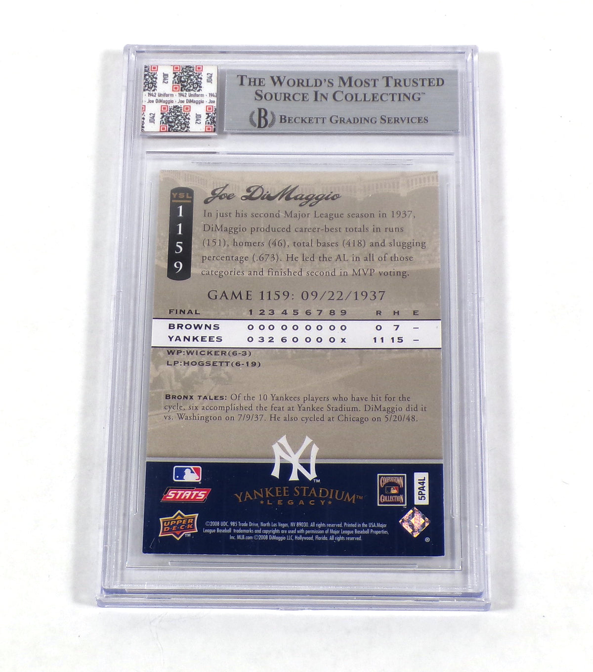 2008 UD Yankee Stadium Legacy Joe DiMaggio #1159 Yankees Jersey Auto BGS Pic2