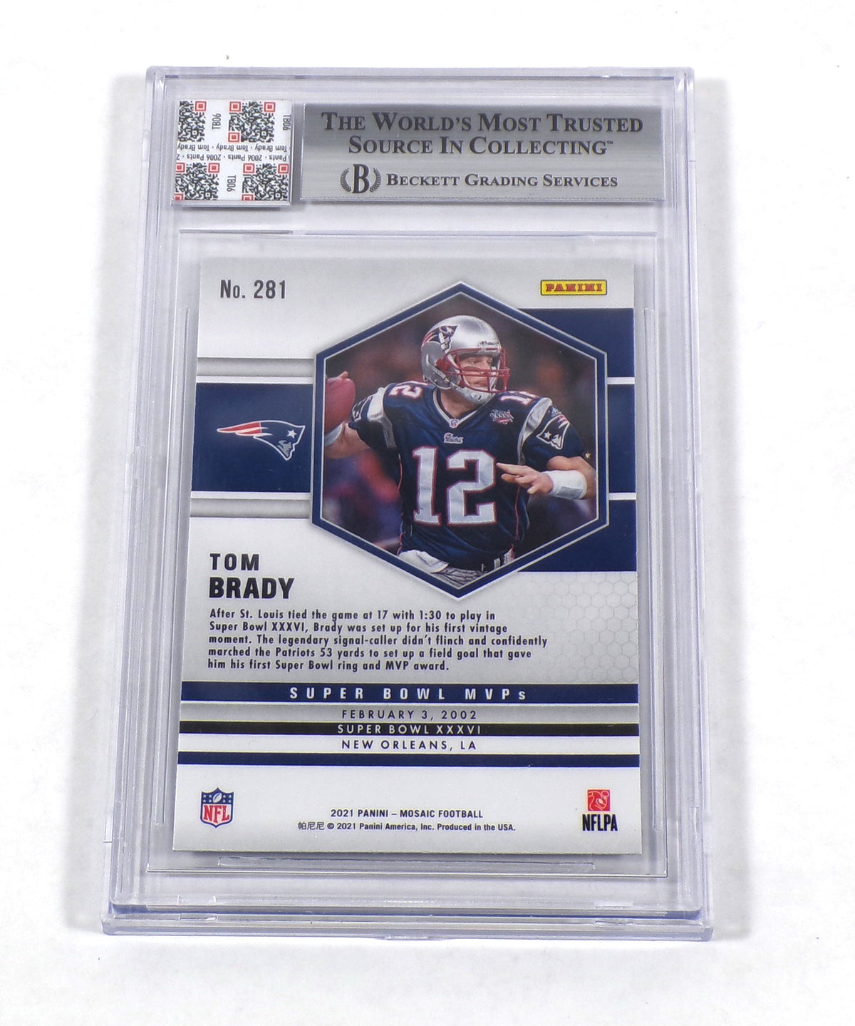 2021 Panini Mosaic Tom Brady #281 Patriots MVP Game Used Jersey BGS Authentic Pic2