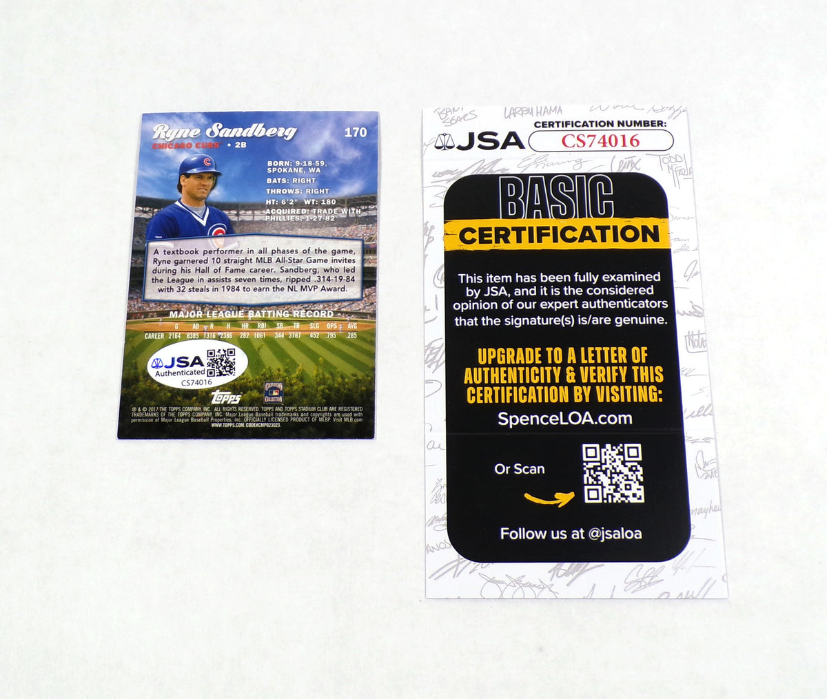 Ryne Sandberg Signed 2017 Topps Stadium Club Baseball Card #170 JSA Auto Pic2