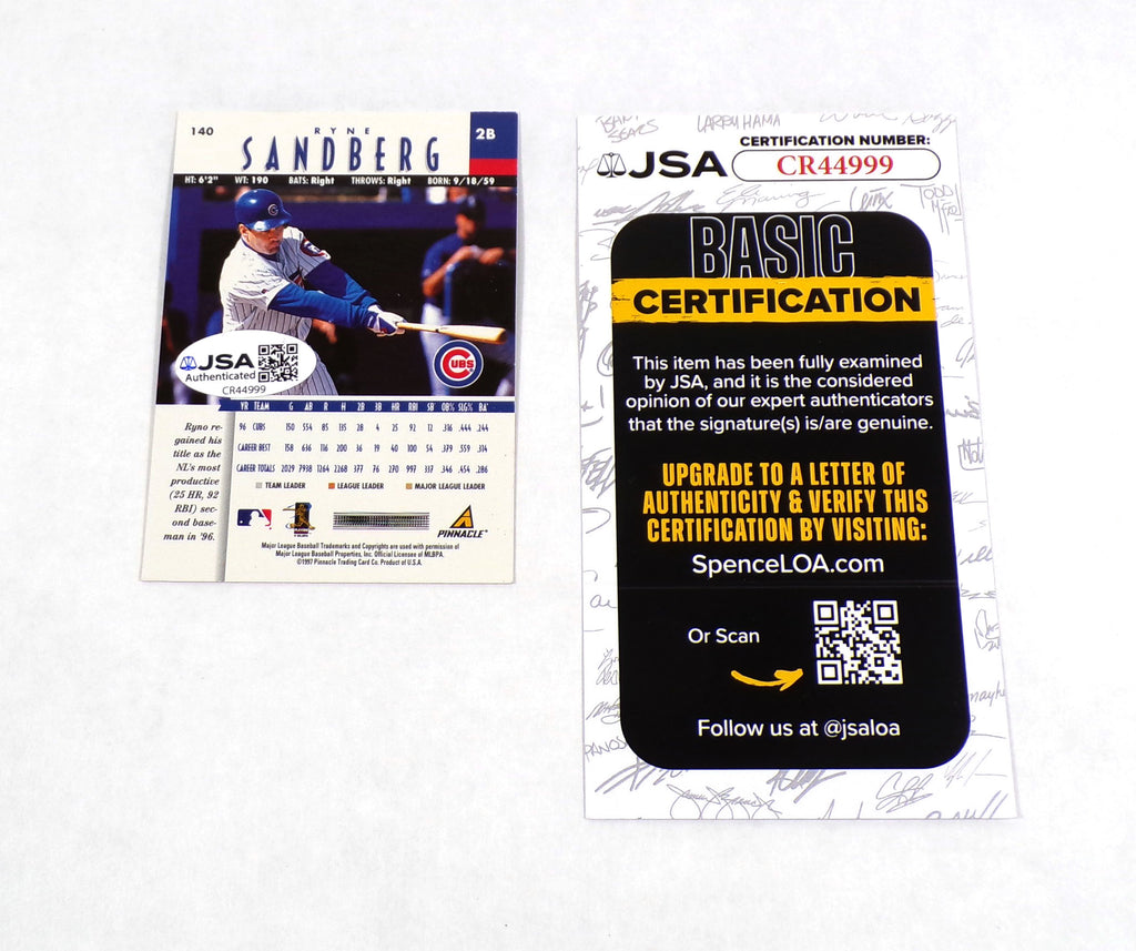 Ryne Sandberg Signed 1997 Pinnacle Baseball Card #140 JSA Auto Pic2