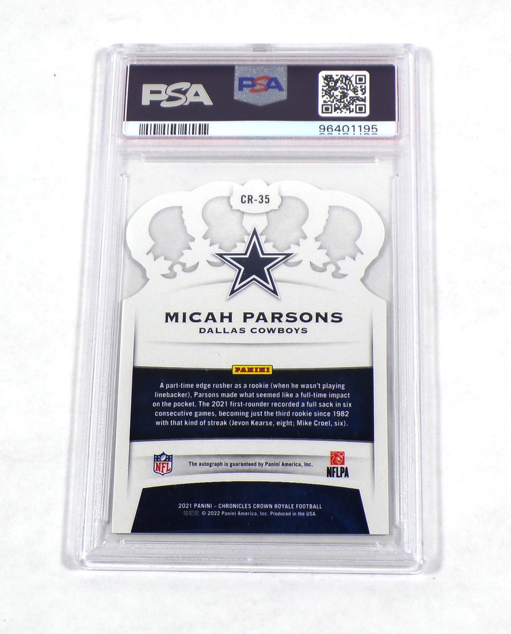 2021 Panini Chronicles Micah Parsons Crown Royale #CR35 Cowboys /99 PSA 10 Auto Pic2