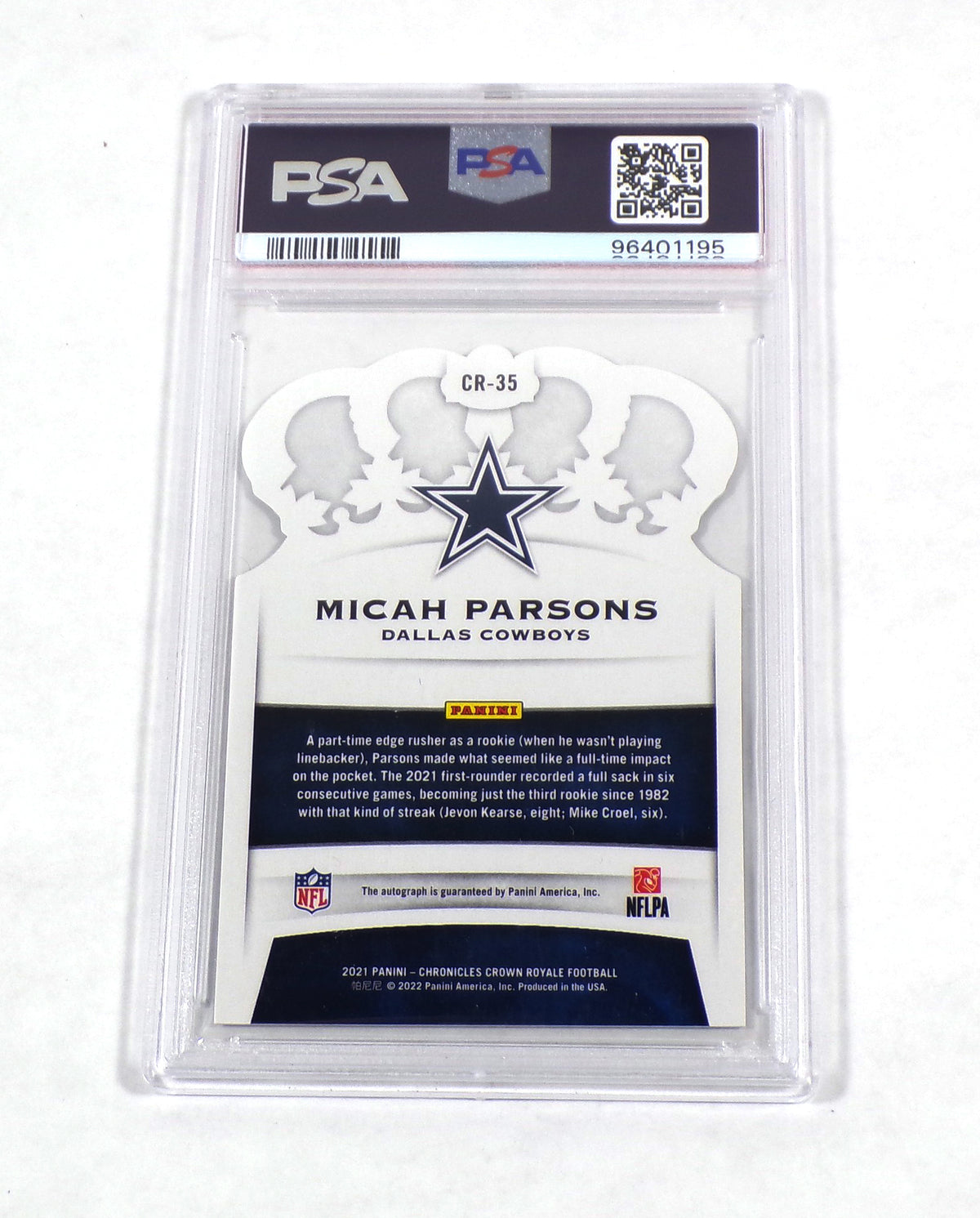 2021 Panini Chronicles Micah Parsons Crown Royale #CR35 Cowboys /99 PSA 10 Auto Pic2