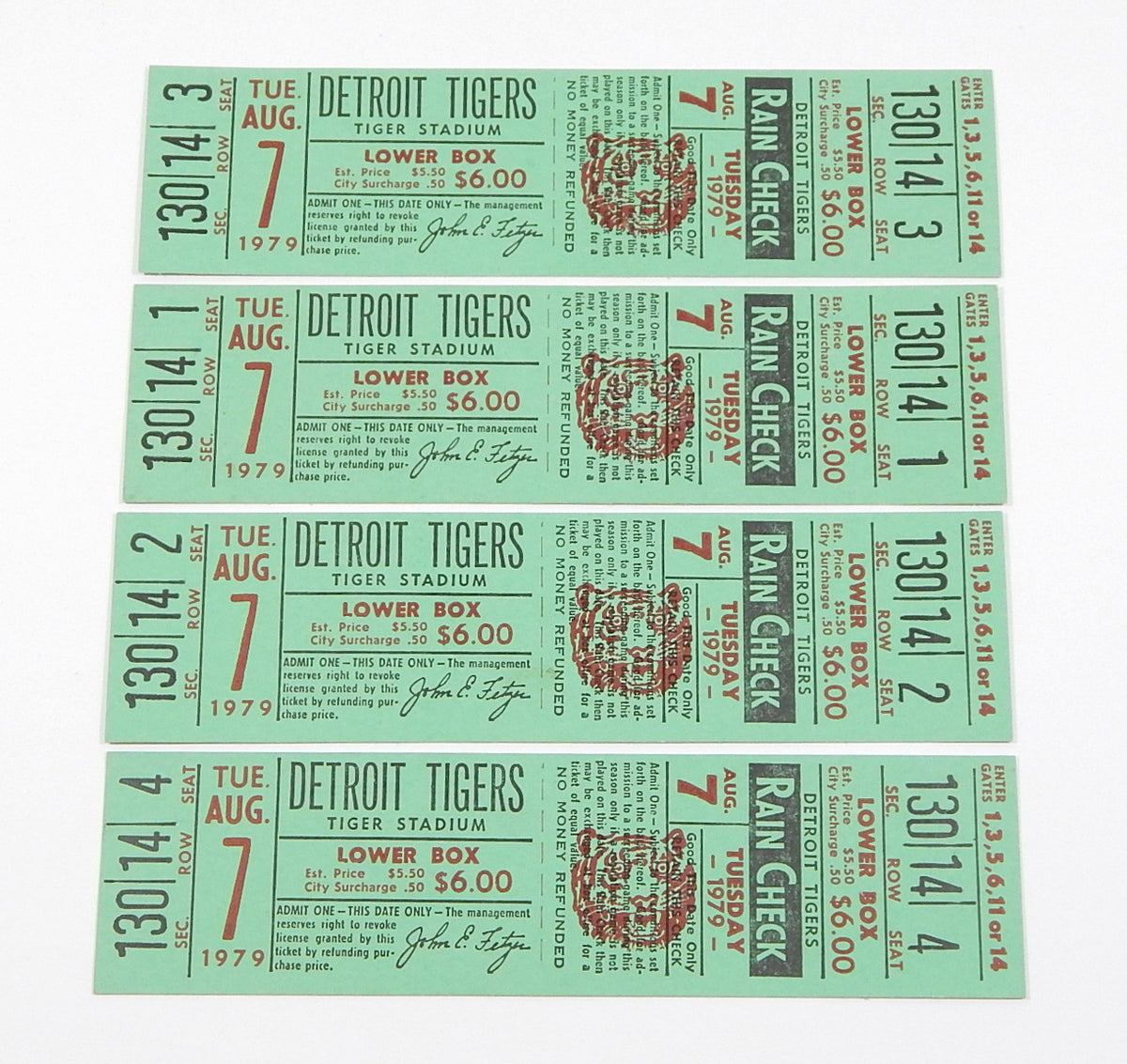 Lot of (4) 1979 Detroit Tigers vs Texas Rangers 8/7/79 Full Tickets Trammell