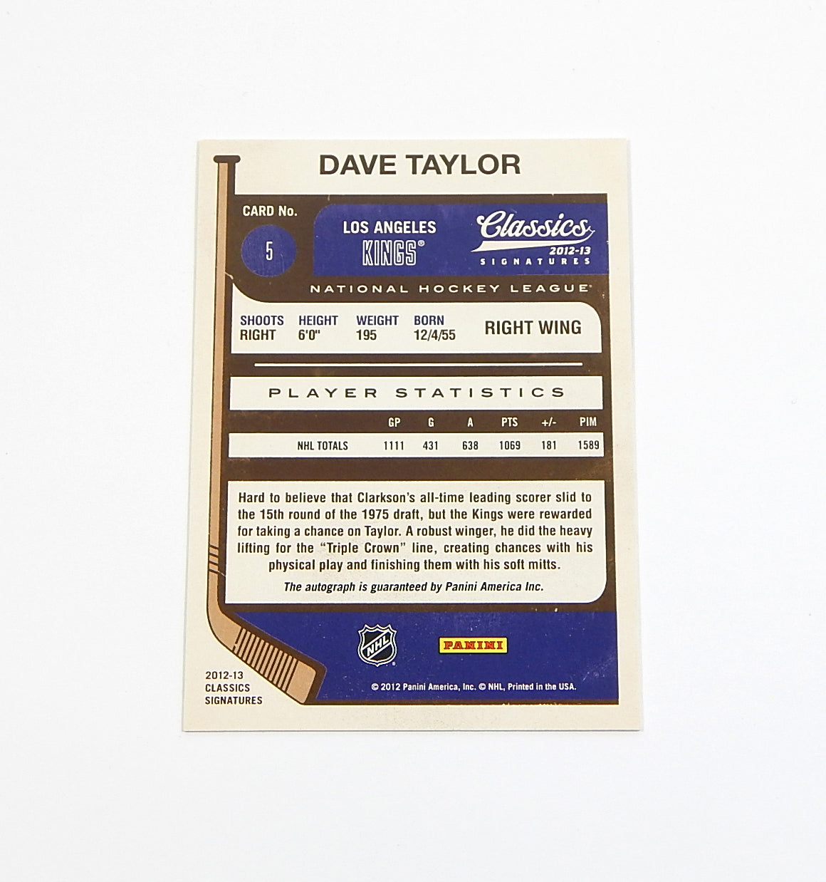 # 2012-13 Panini Classics Signatures Autographs Dave Taylor #5 On Card Auto Pic2