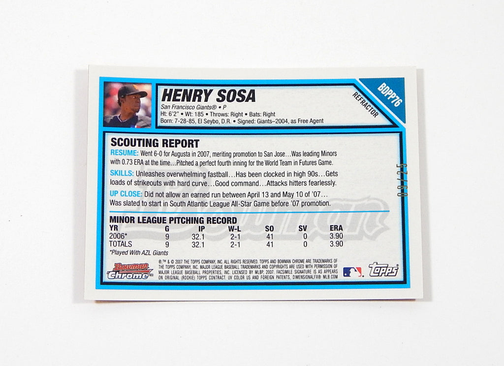 2007 Bowman Chrome Draft Future's Game Prospects Orange Refractor Henry Sosa /25 Pic2