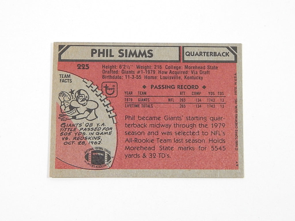 1980 Topps Phil Simms RC #225 Giants Pic2
