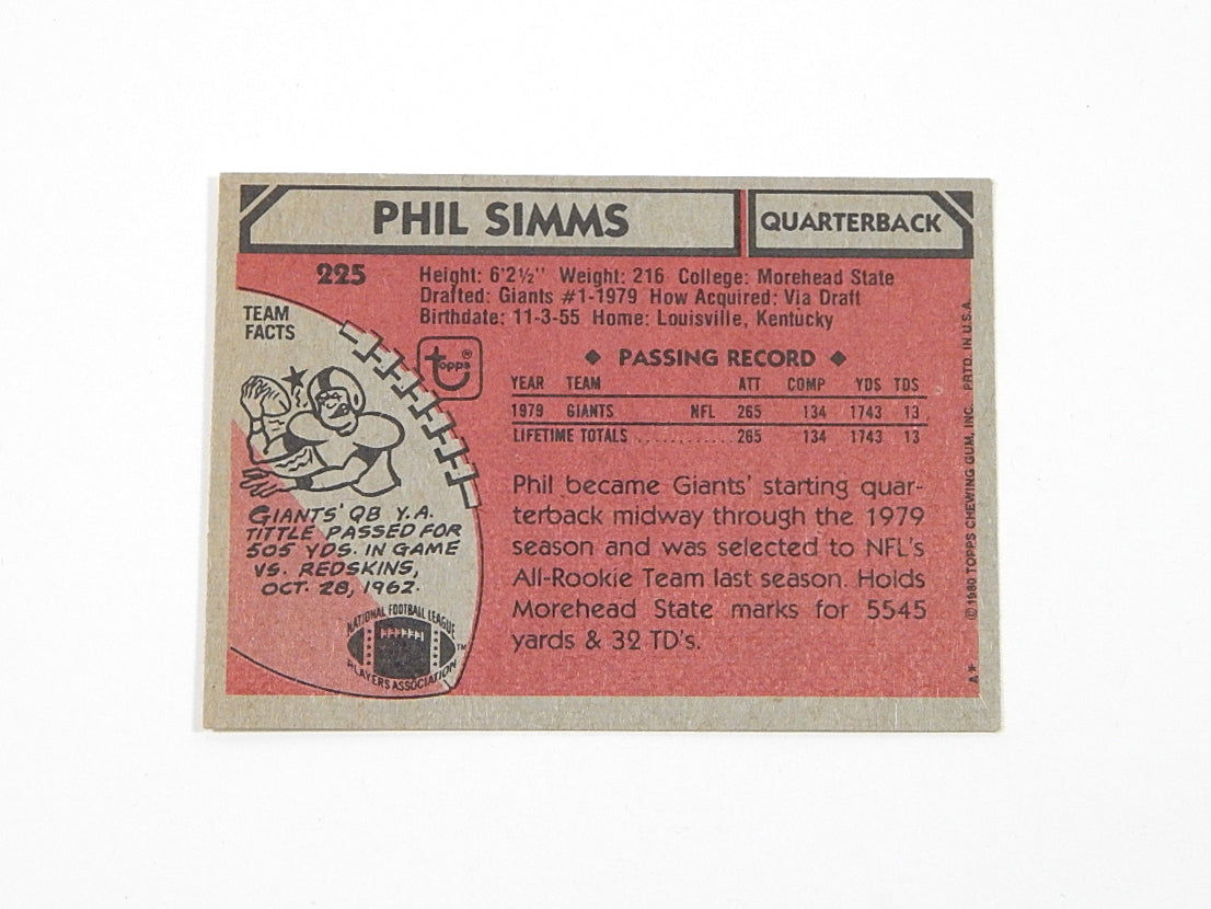 1980 Topps Phil Simms RC #225 Giants Pic2