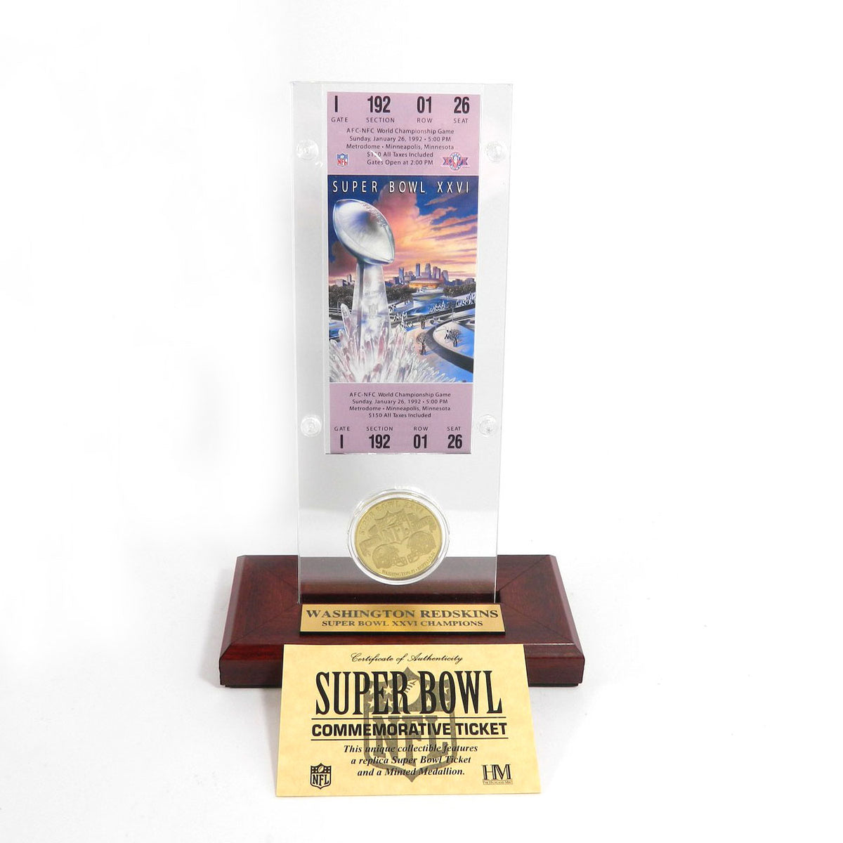 Highland Mint Super Bowl XXVI Replica Ticket with Steel Coin