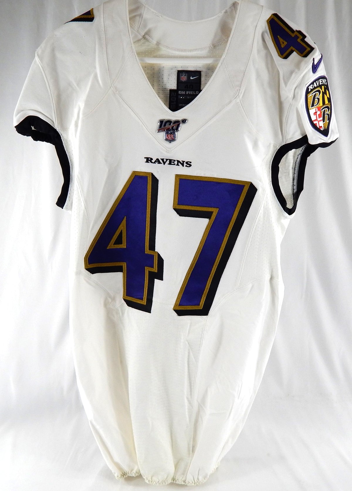 2019 Baltimore Ravens Logan Payne #47 Game Used White Jersey 100th Patch 40 719