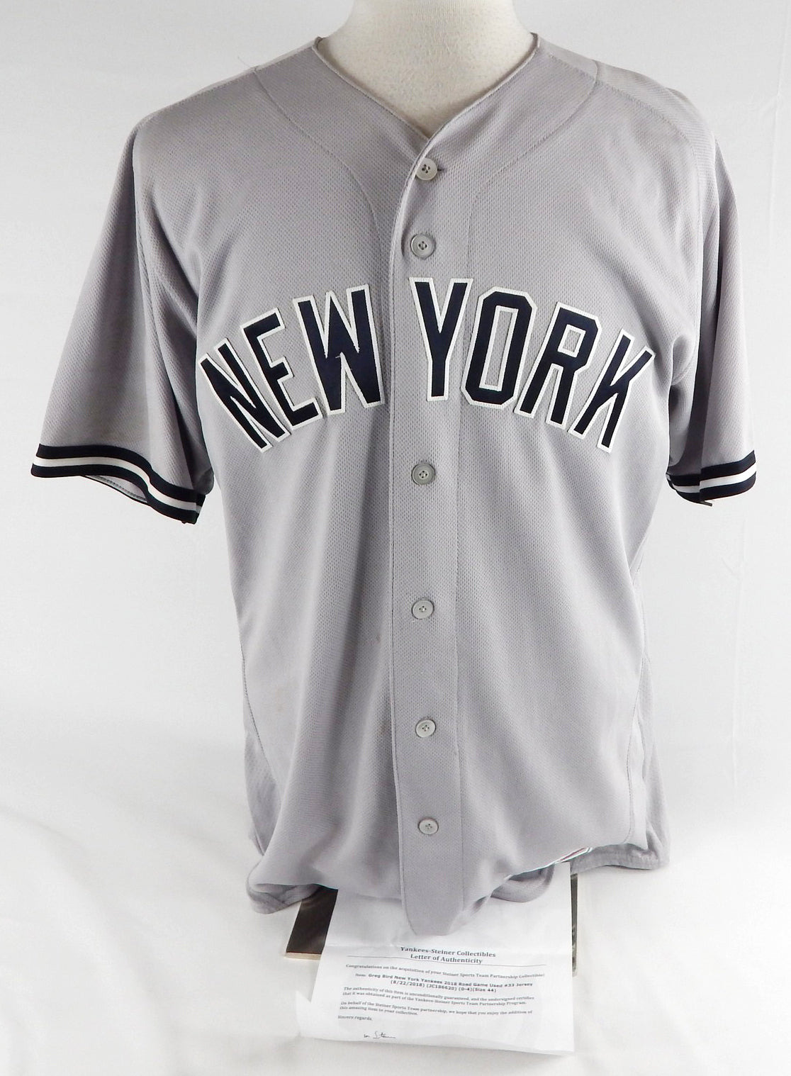 2018 New York Yankees Greg Bird #33 Game Used Grey Jersey 8/28/18 44 277