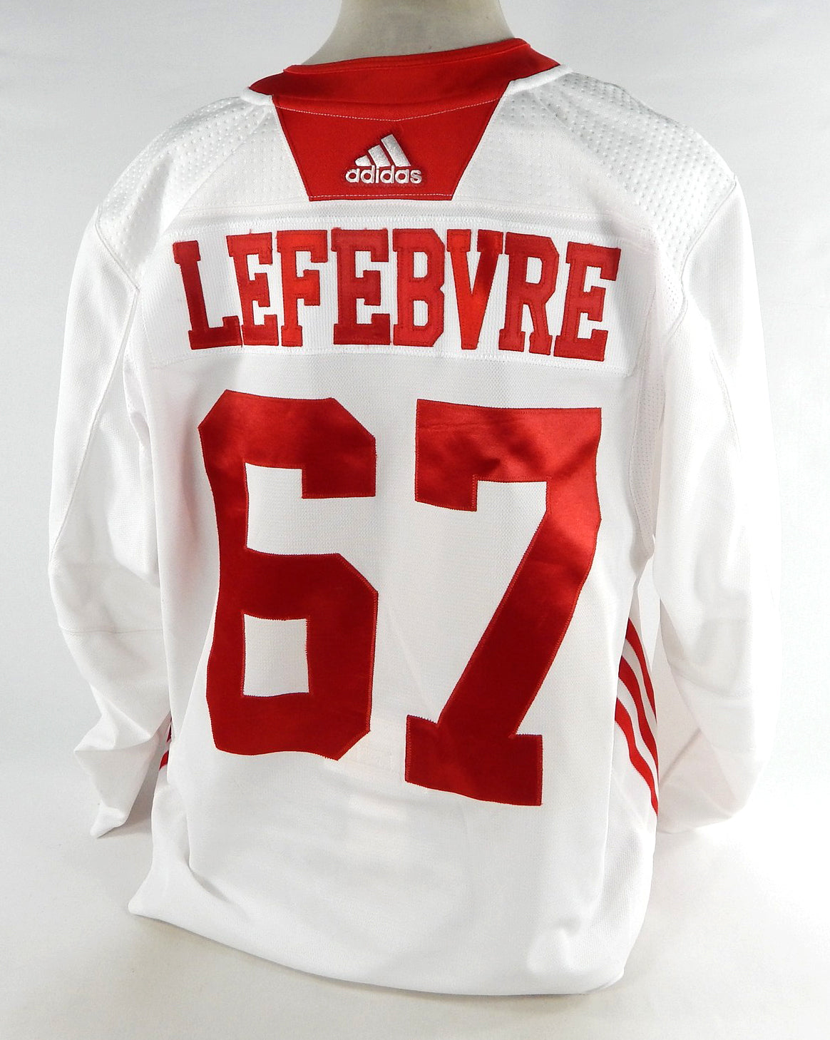 Detroit Red Wings Chase Leferbvre #67 Game Used White Jersey Yan Lesperance Pic2