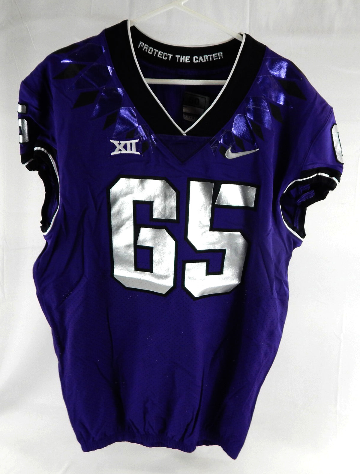 2019-24 Texas Christian TCU Frogs #65 Game Used Purple Jersey Football NP R 50 2