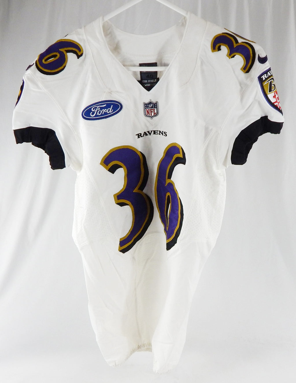 2013 Baltimore Ravens Whittaker #36 Game Used White Practice Jersey Ford P 40 77