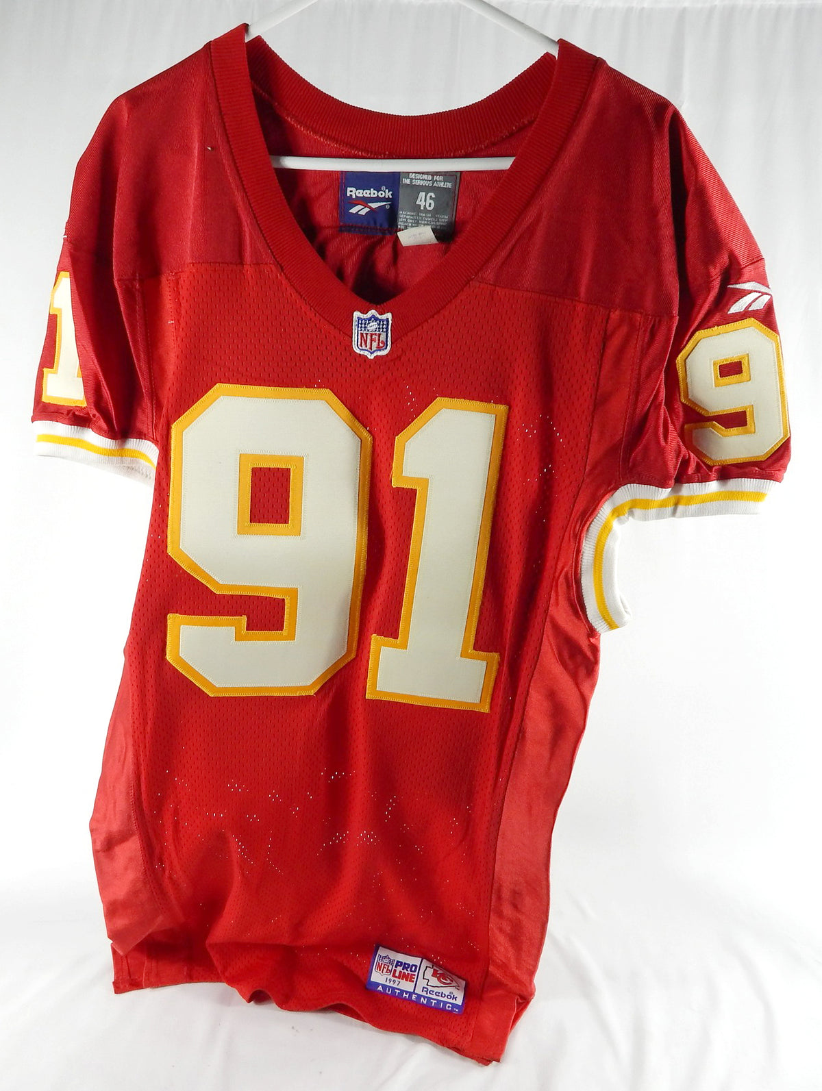 1997 Kansas City Chiefs Jacobs #91 Game Issued Pos Used Red Jersey 46 230