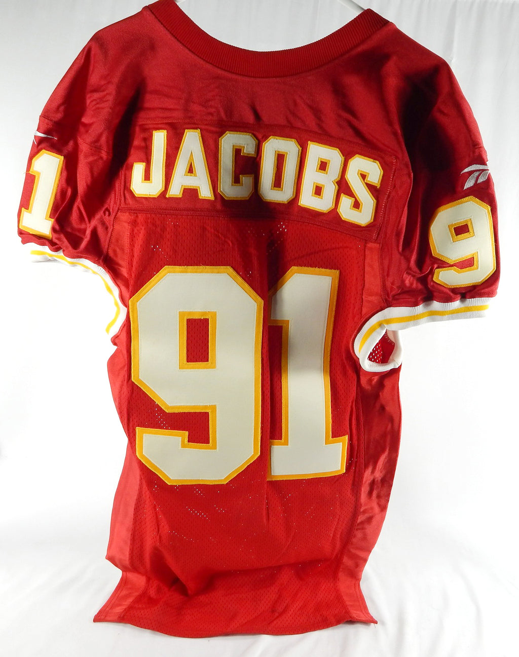1997 Kansas City Chiefs Jacobs #91 Game Issued Pos Used Red Jersey 46 230 Pic2