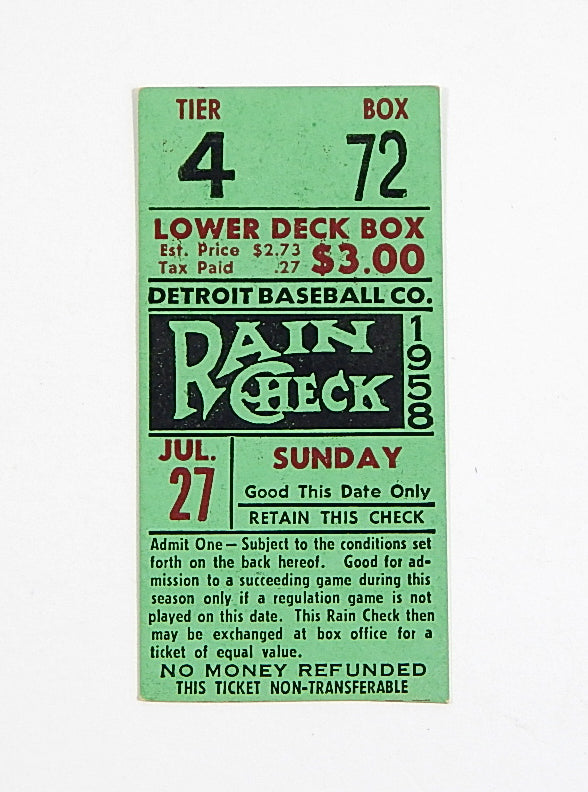 1958 Detroit Tigers vs Washington Senators Vintage Ticket Stub 7/27/58