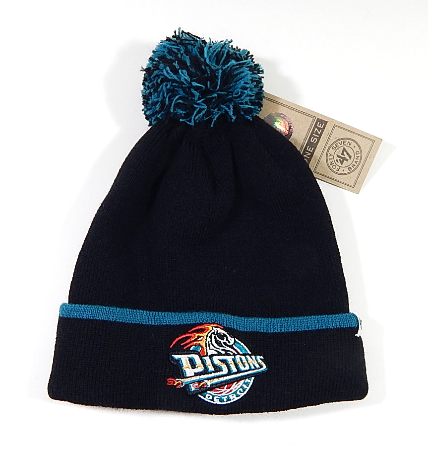 Detroit Pistons Logo '47 Brand Baraka Knit Cuff Pom Beanie Hat Black New