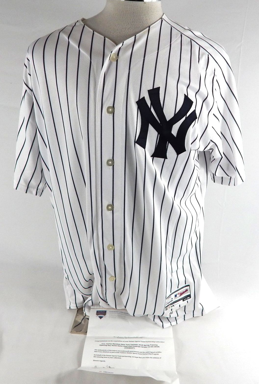 2017 New York Yankees Carlos Mendoza #64 Game Used White Jersey ST Opening Day 7