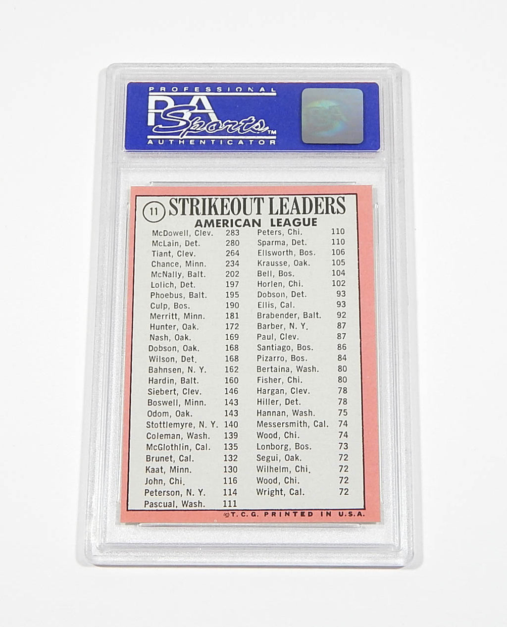 1969 Topps Denny McLain / Luis Tiant #11 AL Strikeout Leaders PSA 8 Pic2